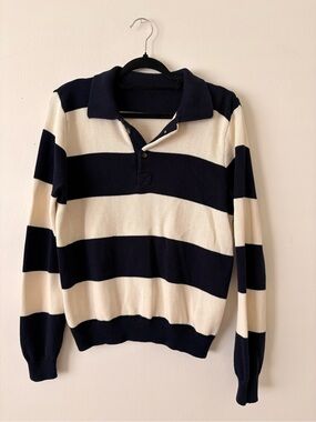 Brandy Melville Navy and Cream Striped Rugby Sweater